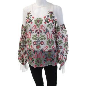 Oscar de la Renta Womens White Geometric V-Neck Tunic Blouse Long Sleeve Size S